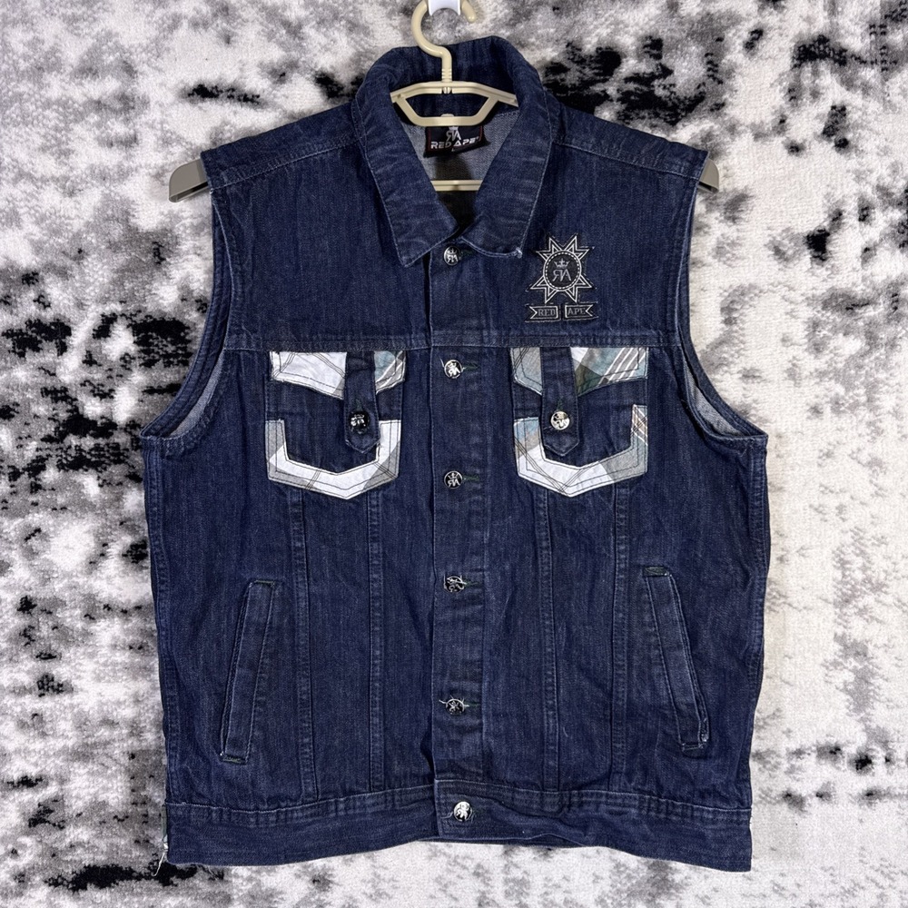 Red Ape Jacket Mens Large Denim Vest Trucker Embroidered y2k Punk Grunge